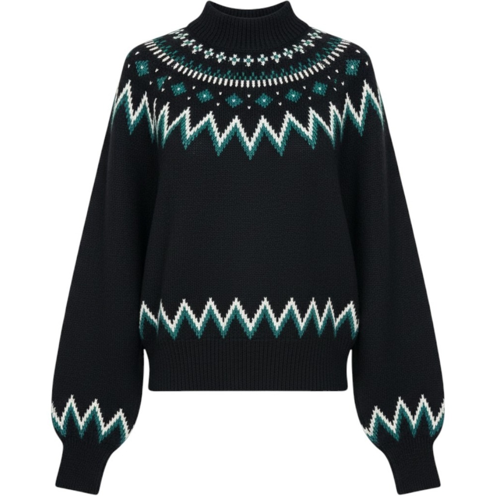 Who What Wear Women Black Fair Isle Mock Neck Balloon Sleeve Sweater Small